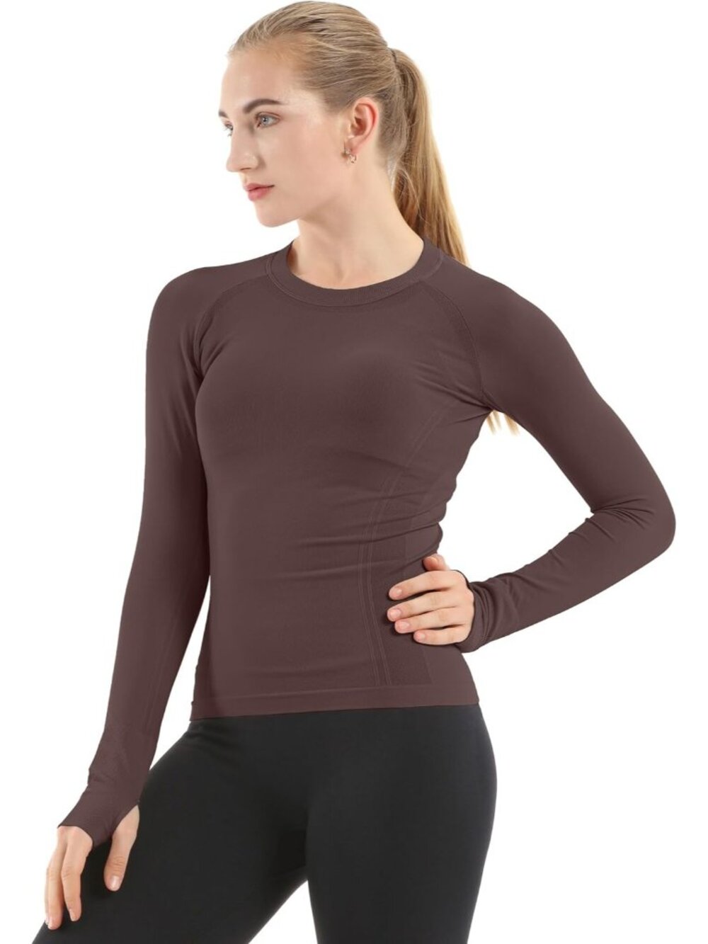 Women's Chocolate Seamless Workout Shirts Long Sleeve Yoga Tops Sports Slim Fit